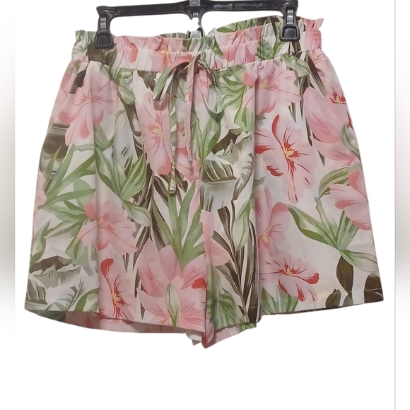 Tropical Floral Print Shorts, Elastic Waist W/ Drawstring, Front Pockets, - Picture 5 of 6